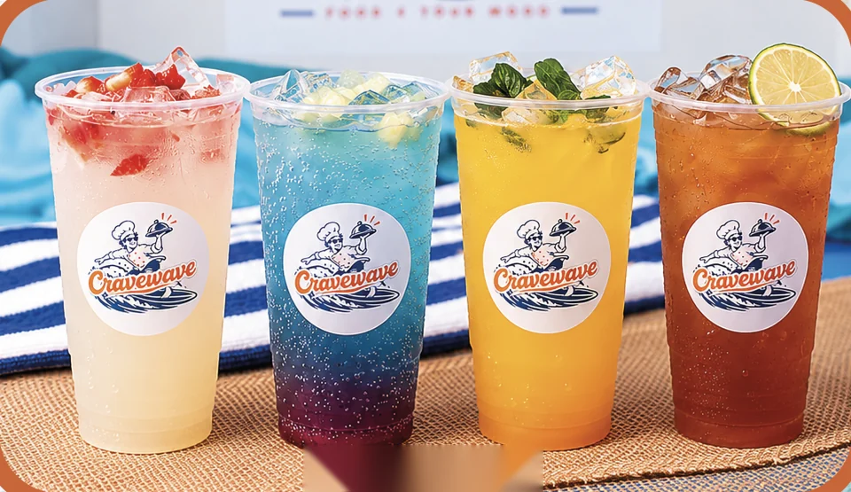 Crave Drinks: cuatro bebidas de 946 ml en vasos con el logotipo de Cravewave: rosa, azul, mango y té negro